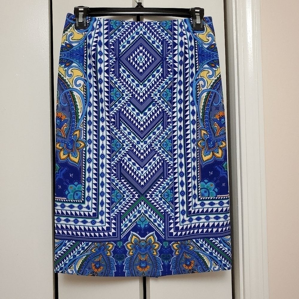 Antonio Melani color block abstract print knee length straight skirt